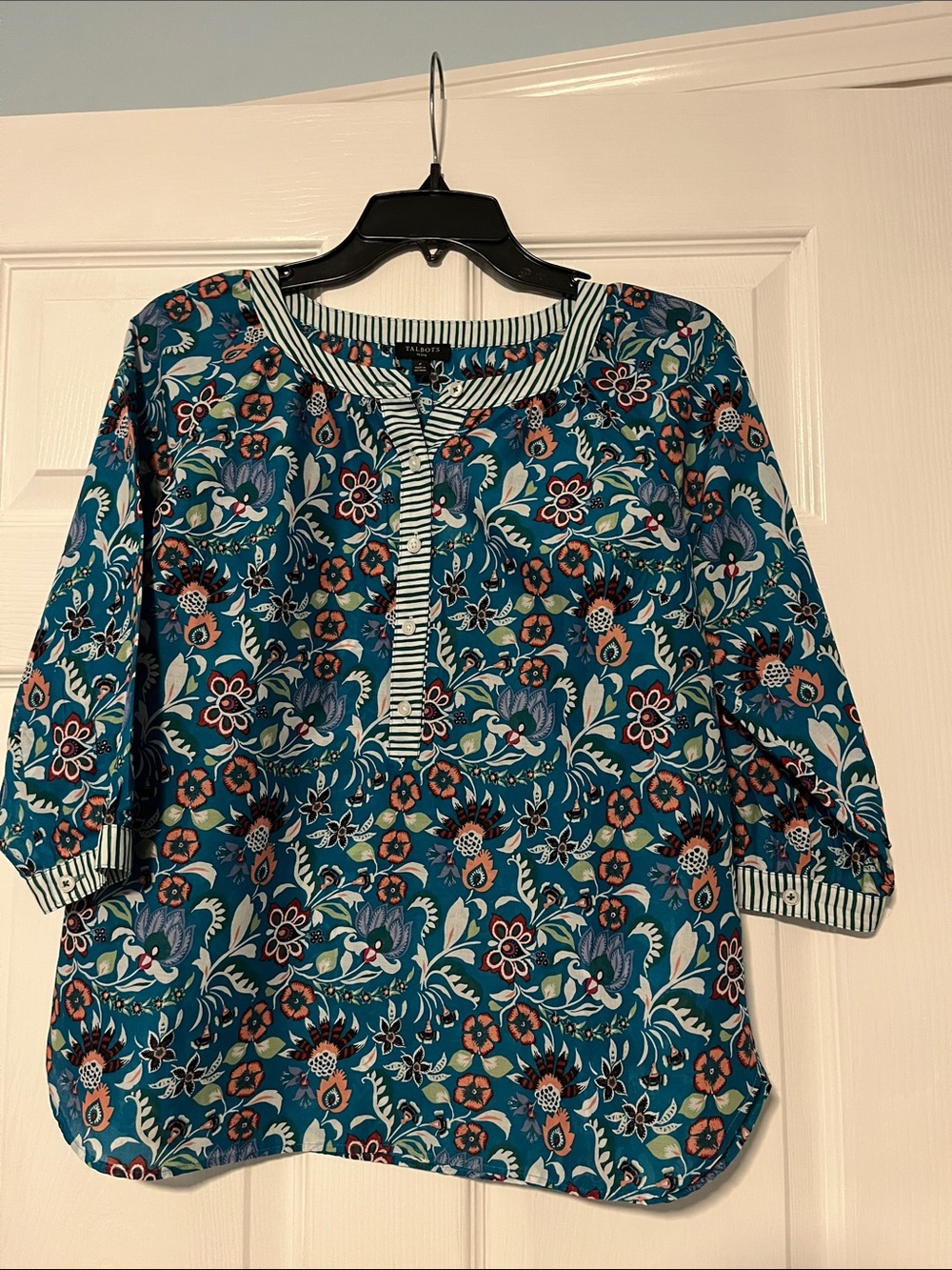 Talbots Teal Floral Henley with Striped Trim